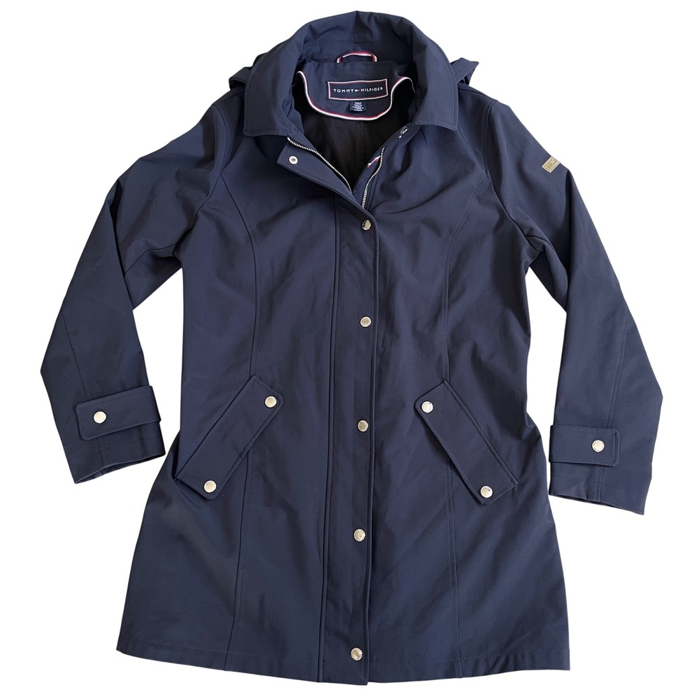 Tommy Hilfiger Water Resistant Hooded Rain Jacket Women Large Navy Softshell